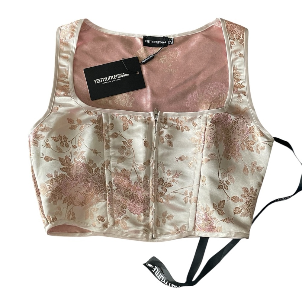 NWT Pretty Little Thing pink satin oriental print zip front corset 6